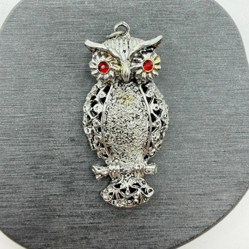 Silver Tone Red Rhinestone Eye Owl Pendant Gothic Halloween Statement Jewelry